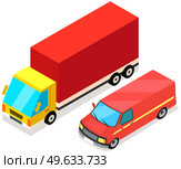 Delivery trucks isolated on white background. Wagons with trailers for transporting goods worldwide. Vehicle for transpportation and shipping. Delivery of parcels by transport. Postal cargo trucks. Vehicle for transpportation and shipping. Delivery of parcels by transport. Postal cargo trucks. Стоковая иллюстрация, агентство Ingram Publishing / Фотобанк Лори