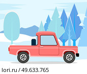 Pickup, two-door vehicle coral passenger car without driver vector illustration. Transport drives on snowy road. Automobile on background of winter forest landscape. Car drives over trees in snow. Pickup, two-door vehicle coral passenger car without driver on background of winter forest landscape. Стоковая иллюстрация, агентство Ingram Publishing / Фотобанк Лори