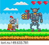 Pixelated natural landscape with warrior holding shield and sword standing on green grass. Knight attacks mechanical robot in armor. Minimalistic pixel cavalier near rocket-firing character. Warrior holding shield and sword standing on green grass. Knight attacks mechanical robot in armor. Стоковая иллюстрация, агентство Ingram Publishing / Фотобанк Лори