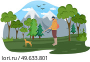 Man with gun walks through woods. Hunter goes after his dog in forest. Hunting animals concept. Male character on hunt holding double-barreled shotgun. Owner of dog walks in forest with weapon. Man with gun walks through woods. Hunter goes after his dog in forest. Hunting animals concept. Стоковая иллюстрация, агентство Ingram Publishing / Фотобанк Лори