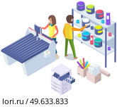 Isometric factory printer. People working with equipment and shelving with paints. Office or production technique. Technology for printing. Technique, printer, printing machine vector illustration. People working with equipment and shelving with paints. Office technique vector illustration. Стоковая иллюстрация, агентство Ingram Publishing / Фотобанк Лори