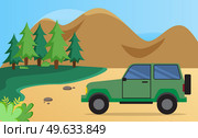 Green family car for driving into woods without driver vector illustration. Transport drives on road near forest. Automobile on background of mountain landscape. Car for traveling around world. Transport drives on road near forest. Green family car for driving into woods without driver. Стоковая иллюстрация, агентство Ingram Publishing / Фотобанк Лори