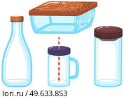 Eco friendly glass packaging, set of containers jars, bottles and boxes for storing food and liquids with lids on white. Zero waste concept. Food container. Reusable tableware, utensils are recyclable. Eco friendly glass packaging, set of containers jars, bottles and boxes for storing food and liquids. Стоковая иллюстрация, агентство Ingram Publishing / Фотобанк Лори