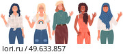 Group of women with different nationalities and cultures. Multicultural people show greeting gesture. Smiling female characters from countries. Representatives of world cultures waving their hands. Group of women with different nationalities and cultures. Multicultural people show greeting gesture. Стоковая иллюстрация, агентство Ingram Publishing / Фотобанк Лори