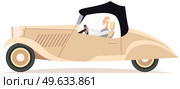 Happy elderly man driving beige car. Male character in transport isolated on white background. Person is driving vehicle. Old retro automobile without windows, ancient convertible vector illustration. Happy elderly man driving beige car. Old retro automobile without windows, ancient convertible. Стоковая иллюстрация, агентство Ingram Publishing / Фотобанк Лори
