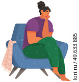 Young unhappy woman dressed in casual clothes sitting in chair. Female sad character at home isolated on white background. Upset girl sitting in armchair thinking about something, personal problems. Young unhappy woman dressed in casual clothes sitting in chair. Female sad character at home. Стоковая иллюстрация, агентство Ingram Publishing / Фотобанк Лори