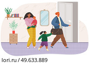 Angry man leaving family after conflict. Woman and man quarreling, father leaves thinking of divorce, children suffering, wife crying. Unhappy marriage vector illustration. Domestic quarrels, problem. Angry man leaving family after conflict. Woman and man quarreling, father leaves thinking of divorce. Стоковая иллюстрация, агентство Ingram Publishing / Фотобанк Лори
