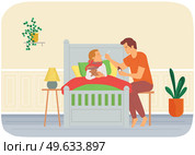 Dad gives medicine to kid. Child care, parenthood concept. Father giving medical syrup to sick son lying in bed in room. Man treats aching boy with scarf around neck, child holding bear toy. Dad gives medicine to kid. Child care, parenthood concept. Father giving medical syrup to sick son. Стоковая иллюстрация, агентство Ingram Publishing / Фотобанк Лори
