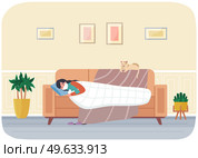 Female character having cold and lying on sofa. Masked woman is sick stay at home with her cat. Girl is being treated for flu with different medicines in apartment. Self-isolation patient sick leave. Female character having cold and lying on sofa. Masked woman is sick stay at home with her cat. Стоковая иллюстрация, агентство Ingram Publishing / Фотобанк Лори