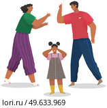 Problems and conflict in family, fight and arguing, quarreling over child in family. Cartoon angry parents swearing. Unhappy girl teenager. Dispute man and woman. Toxic relationships between people. Problems and conflict in family, fight and arguing, quarreling over child in family. Unhappy girl. Стоковая иллюстрация, агентство Ingram Publishing / Фотобанк Лори