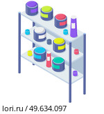 Racks with jars and color containers cans with dyes or paint, printing house tools isolated vector illustration. Containers stand on shelves. Shelving with paints in modern typography or print office. Shelving with paints in modern typography or print office. Racks with jars and color containers cans. Стоковая иллюстрация, агентство Ingram Publishing / Фотобанк Лори