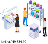 Isometric factory printer. People working with equipment and shelving with paints. Office or production technique. Technology for printing. Technique, printer, printing machine vector illustration. People working with equipment and shelving with paints. Office technique vector illustration. Стоковая иллюстрация, агентство Ingram Publishing / Фотобанк Лори