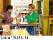 Optimistic adult women in casual clothes smiling and clinking glasses of beer while standing near table on weekend day in bar. Merry girlfriends proposing toast in a beautiful pub. Стоковое фото, агентство Ingram Publishing / Фотобанк Лори