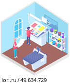 Isometric factory printer. People working with equipment and shelving with paints. Office or production technique. Technology for printing. Technique, printer, printing machine vector illustration. People working with equipment and shelving with paints. Office technique vector illustration. Стоковая иллюстрация, агентство Ingram Publishing / Фотобанк Лори