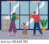 Angry husband and wife swear in presence of scared kid, girl covers her ears with hands. Woman and man shouting, screaming, yelling, fighting, scared child crying. Unhappy marriage. Family conflict. Angry husband and wife swear in presence of unhappy scared kid, girl covers her ears with hands. Стоковая иллюстрация, агентство Ingram Publishing / Фотобанк Лори