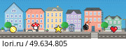 Signs and symbols of items collected during game against background of downtown landscape. City with long road along houses full of coins, stars, bombs and hearts. Pixel 8 bit retro video game. Signs and symbols of items collected during game against background of downtown landscape. Стоковая иллюстрация, агентство Ingram Publishing / Фотобанк Лори