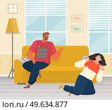 Young people quarreling at home. Man and woman couple in bad relationship. Arguing, reprimanding, having argument fight. Husband and wife breakup. Family conflicts. Marriage crisis. Guy yells at girl. Young people quarreling at home. Man and woman couple in bad relationship, family altercation. Стоковая иллюстрация, агентство Ingram Publishing / Фотобанк Лори