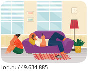 Man lies on couch at home and correspondence surfing the Internet, girl is offended, crying covers face with hands, misunderstanding in pair. Male character communicating through network on smartphone. Man lies on couch at home and correspondence surfing the Internet, girl is crying, offending. Стоковая иллюстрация, агентство Ingram Publishing / Фотобанк Лори