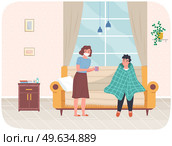 Woman treats young man. Guy drinks hot tea in apartment. Sick people spend time at home. Male character having flu or colds or virus infection. Patient being treated for disease with special medicines. Woman treats young man for disease. Guy drinks hot tea in apartment. Sick people spend time at home. Стоковая иллюстрация, агентство Ingram Publishing / Фотобанк Лори