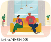 Young couple sitting on couch quarreling at home. Man and woman couple in bad relationship. Arguing, reprimanding, having argument fight. Husband and wife breakup. Family conflicts. Marriage crisis. Young couple sitting on couch quarreling at home. Angry man and woman couple in bad relationship. Стоковая иллюстрация, агентство Ingram Publishing / Фотобанк Лори