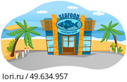 Oceanfront seafood restaurant vector illustration. Catering establishment in nautical style on beach with palm trees. Coastline with cafe serving fish. Eating out in cafe near sea or ocean concept. Oceanfront seafood restaurant on beach, coastline. Catering establishment in nautical style. Стоковая иллюстрация, агентство Ingram Publishing / Фотобанк Лори