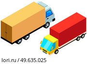 Delivery trucks isolated on white background. Wagons with trailers for transporting goods worldwide. Vehicle for transpportation and shipping. Delivery of parcels by transport. Postal cargo trucks. Vehicle for transpportation and shipping. Delivery of parcels by transport. Postal cargo trucks. Стоковая иллюстрация, агентство Ingram Publishing / Фотобанк Лори