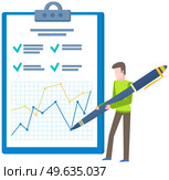 Student fills out questionnaire with pencil. Male character writing exam. Online test concept. Guy with clip board isolated on white background. Man checking correctness of test vector illustration. Student fills out questionnaire with pencil. Male character writing exam. Online test concept. Стоковая иллюстрация, агентство Ingram Publishing / Фотобанк Лори