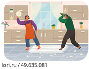 Family conflict and problems in couple relationship, concept with arguing and quarreling man and woman cartoon characters. Aggression and abuse in family. Angry people beat dishes in kitchen at home. Family conflict and problems in couple relationship, angry people beat dishes in kitchen at home. Стоковая иллюстрация, агентство Ingram Publishing / Фотобанк Лори