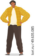 Angry man young personage dressed in casual clothes stands in an aggressive pose at full height with hands on hips. Wicked male character, nervous dark-haired person isolated on white background. Angry man young personage dressed in casual clothes stands in an aggressive pose at full height. Стоковая иллюстрация, агентство Ingram Publishing / Фотобанк Лори