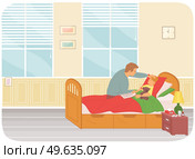 Dad measuring temperature to kid with flu or colds or virus infection. Child care, parenthood concept. Father touches forehead to sick son lying in bed. Man sitting on bed, boy holding bear toy. Dad measuring temperature to kid with flu or colds or virus infection. Child care parenthood concept. Стоковая иллюстрация, агентство Ingram Publishing / Фотобанк Лори