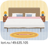 Modern bedroom interior design. Room for rest and sleep at home. Bedroom with huge bed, bedside tables with lamps and rug. Planning and arrangement of furniture in room with bed vector illustration. Planning and arrangement of furniture in room. Modern bedroom interior design vector illustration. Стоковая иллюстрация, агентство Ingram Publishing / Фотобанк Лори