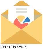 Opened yellow envelope with document and pie chart. Letter with project planning and management. Sheet of paper with diagram for work and business meetings. Communication and email newsletter concept. Opened yellow envelope with document and color chart. Letter with project planning and management. Стоковая иллюстрация, агентство Ingram Publishing / Фотобанк Лори