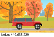 Red crossover, SUV, cross country car with tinted glass vector illustration. Transport drives on asphalt road. Automobile on background of autumn forest landscape. Car drives over brickwork. Automobile on background of autumn forest landscape. Red crossover, SUV, cross country car. Стоковая иллюстрация, агентство Ingram Publishing / Фотобанк Лори