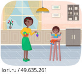 Mother gives baby fresh ripe fruit, take care of child feeds him healthy foods. Mom holds handful of grapes gives small baby sitting in high chair in kitchen. Vitamin eating, maternity leave. Mother gives baby fresh ripe fruit, take care of child feeds him healthy foods in kitchen at home. Стоковая иллюстрация, агентство Ingram Publishing / Фотобанк Лори