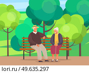 Old woman and man are resting and sitting on bench in park. Grandmother with cane smiling at man in hat. Rendezvous of retirees from nursing home. Elderly people spend time talking together outdoors. Old woman and man are resting and sitting on bench in park. Meeting of retirees from nursing home. Стоковая иллюстрация, агентство Ingram Publishing / Фотобанк Лори