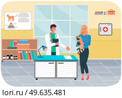 Veterinary care. Veterinarian man with woman pet owner holding raccoon in medical office. Person brought forest animal for treatment to doctor. Visit to vet clinic to check health of domestic animal. Veterinary care. Veterinarian man with woman pet owner holding small raccoon in medical office. Стоковая иллюстрация, агентство Ingram Publishing / Фотобанк Лори