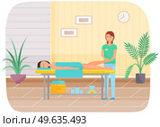 Masseur is massaging legs of patient. Therapist gives massage to young woman lying on couch. Girl touches feets of client with her hands and reduces stress. Massage procedures in medical clinic. Masseur is massaging legs of patient. Girl touches feets of client with her hands and reduces stress. Стоковая иллюстрация, агентство Ingram Publishing / Фотобанк Лори