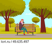 Woman sitting on bench and talking on phone in clear cool day in natural landscape. Wooden seat and lady with smartphone in hands. Young girl in spring sity park with green alley and tall trees. Woman sitting on bench and talking on phone in clear cool day. Wooden seat and lady with smartphone. Стоковая иллюстрация, агентство Ingram Publishing / Фотобанк Лори