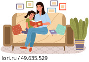 Mom telling fairy tales while putting her daughter to sleep at bed time. Mother reads book to her child at night. Family spends time together before bed. Parent and child are reading literature. Mom telling fairy tales to her daughter at bed time. Mother is reading book to child at night. Стоковая иллюстрация, агентство Ingram Publishing / Фотобанк Лори
