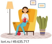 Cheerful woman knits scarf at home. Girl with knitting needles and threads creates knitted clothes. Female character creates garment from yarn. Young lady knits in apartment, doing her favourite hobby. Girl with knitting needles and threads creates knitted. Cheerful woman knits scarf at home. Стоковая иллюстрация, агентство Ingram Publishing / Фотобанк Лори