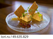 Plate of foie micuit with crispy croutons and drops of marmalade on a wooden table in a fine dining restaurant.. Plate of foie micuit with crispy croutons and drops of marmalade. Стоковое фото, агентство Ingram Publishing / Фотобанк Лори
