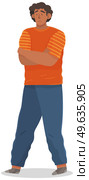 Young unhappy man with black hair dressed in casual clothes. Male sad character standing isolated on white background wearing jeans and t-shirt, hands folded in displeasure, disconcerted guy. Young unhappy man with black hair dressed in casual clothes. Male sad character standing full height. Стоковая иллюстрация, агентство Ingram Publishing / Фотобанк Лори
