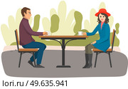 Urban park visitors drink coffee at table. Young man and woman are sitting in outdoor cafe and drinking hot beverage. People in relationship communicate on date together during cold weather. Young man and woman are sitting in outdoor cafe and drinking hot beverage on date together. Стоковая иллюстрация, агентство Ingram Publishing / Фотобанк Лори