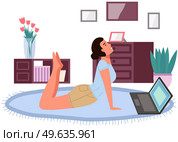 Young woman working out doing exercises at home. Girl doing yoga on mat. Sportswoman stretches in apartment. Yogi performs physical exercise by video on computer. Healthy lifestyle and sports activity. Young woman working out doing exercises at home. Yogi performs physical exercise, doing yoga. Стоковая иллюстрация, агентство Ingram Publishing / Фотобанк Лори