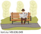 Old man with glasses sitting and reading newspaper on bench in park. Retiree elderly cartoon male character spends time outdoors. Grandfather resting, reading news enjoying good day in city garden. Old man with glasses sitting and reading newspaper on bench in park. Retiree elderly male character. Стоковая иллюстрация, агентство Ingram Publishing / Фотобанк Лори