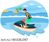 Man on jet ski. Water sports vector illustration. Summer vacation concept. Guy is riding water scooter. Male character on motorcycle riding waves of sea or ocean. Active sports at sea resort. Active sports at sea resort. Man on jet ski. Guy riding water scooter. Male character on motorcycle. Стоковая иллюстрация, агентство Ingram Publishing / Фотобанк Лори