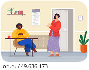 Man talking to woman, happy faces, joyful surprised female character makes hand gestures. Two people discussing business, communicating colleagues. Businessman boss sitting at table in office. Man talking to woman, happy faces. Two people discussing business, communicating colleagues. Стоковая иллюстрация, агентство Ingram Publishing / Фотобанк Лори