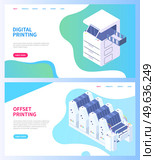 Set of illustrations on theme of printing. Isometric factory printer. Photocopier isolated on dark background. Office production equipment. Technique, printer, printing machine. Online website layout. Set of illustrations on theme of printing. Isometric printer and scanner. Online website layout. Стоковая иллюстрация, агентство Ingram Publishing / Фотобанк Лори