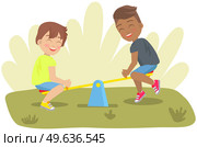 Children are sitting on seesaw in park. Friends have fun and spend time together on playground. Boys are riding double swing vector illustration. Happy male characters laugh on seesaw for two. Children are sitting on seesaw in park. Friends have fun and spend time together on playground. Стоковая иллюстрация, агентство Ingram Publishing / Фотобанк Лори