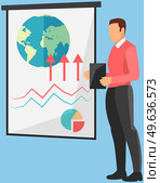 Information poster about planet with text specification. Man scientist analyst standing with clipboard shows graph of analysis of environmental data. Impact of climate change on rising water level. Man scientist with clipboard shows graph about planet. Impact of climate change on water level. Стоковая иллюстрация, агентство Ingram Publishing / Фотобанк Лори